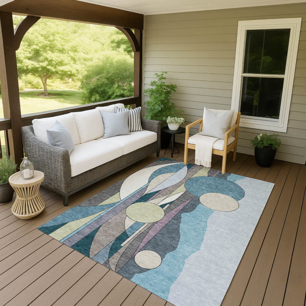 HomeRoots 10' Geometric Teal Blue Ivory Green Area Rug - Washable, Durable for Indoor & Outdoor Spaces! 640531