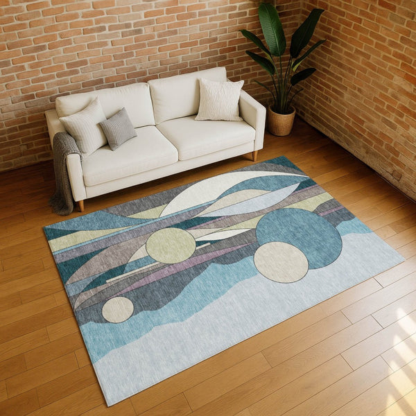 HomeRoots 10' Geometric Teal Blue Ivory Green Area Rug - Washable, Durable for Indoor & Outdoor Spaces! 640531