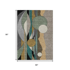 HomeRoots 5' X 8' Taupe Ivory Gold Geometric Area Rug - Washable, Durable, Stylish for Indoor & Outdoor Use! 640533