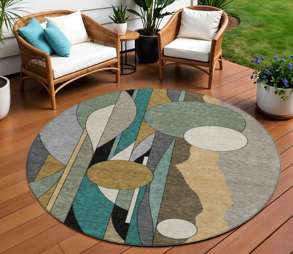 HomeRoots 8' Taupe Ivory And Gold Round Geometric Area Rug – Washable, Durable for Indoor & Outdoor Use! 640534