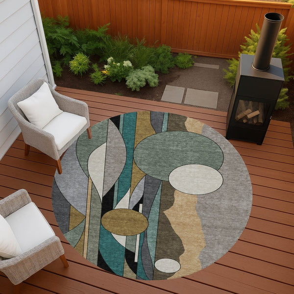 HomeRoots 8' Taupe Ivory And Gold Round Geometric Area Rug – Washable, Durable for Indoor & Outdoor Use! 640534