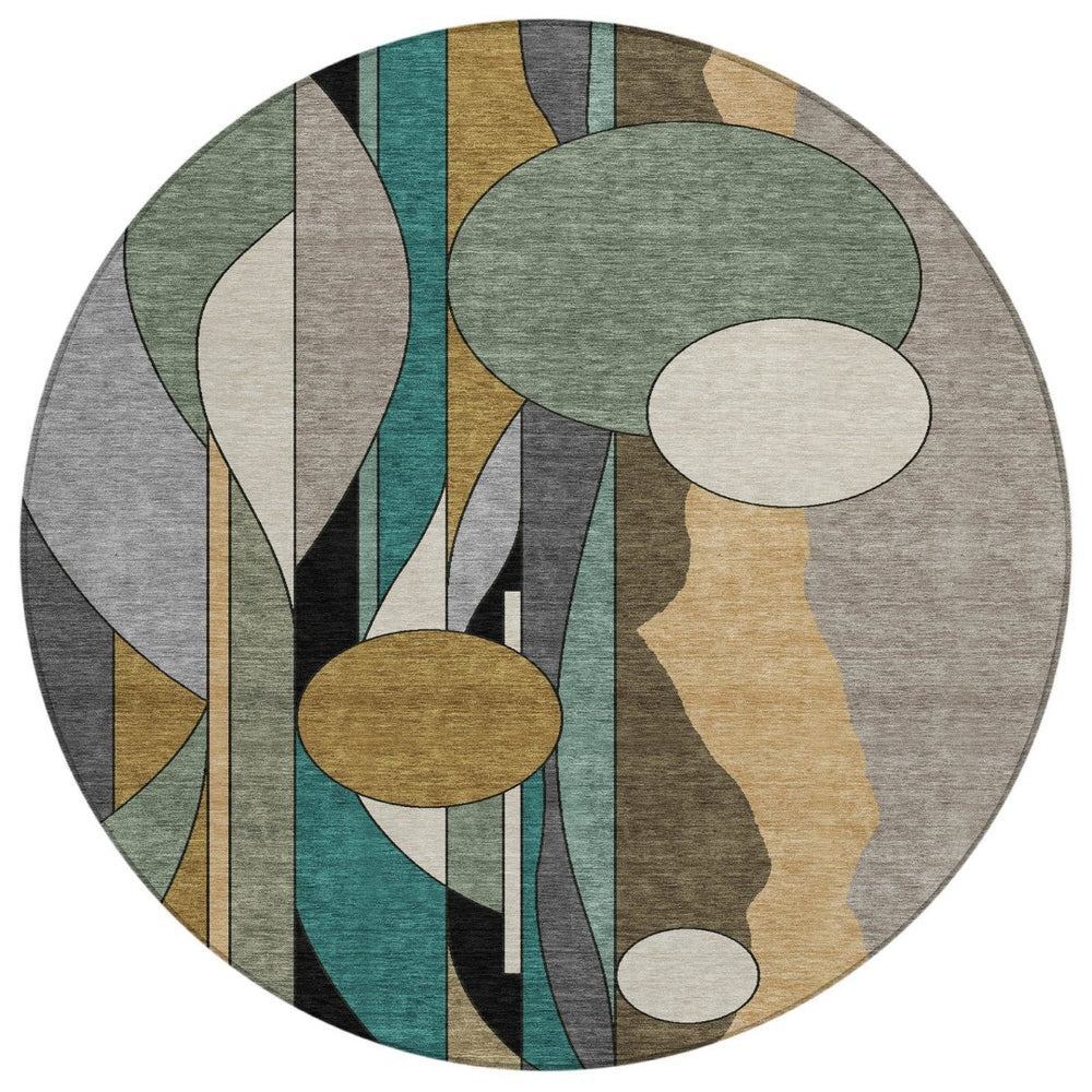 HomeRoots 8' Taupe Ivory And Gold Round Geometric Area Rug – Washable, Durable for Indoor & Outdoor Use! 640534