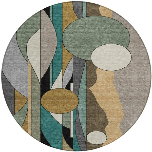 HomeRoots 8' Taupe Ivory And Gold Round Geometric Area Rug – Washable, Durable for Indoor & Outdoor Use! 640534