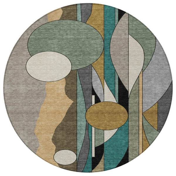 HomeRoots 8' Taupe Ivory And Gold Round Geometric Area Rug – Washable, Durable for Indoor & Outdoor Use! 640534