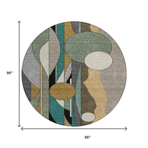 HomeRoots 8' Taupe Ivory And Gold Round Geometric Area Rug – Washable, Durable for Indoor & Outdoor Use! 640534
