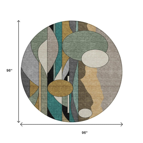 HomeRoots 8' Taupe Ivory And Gold Round Geometric Area Rug – Washable, Durable for Indoor & Outdoor Use! 640534