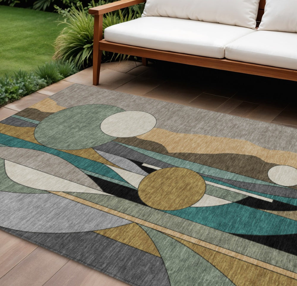 HomeRoots 8' X 10' Geometric Area Rug in Taupe, Ivory & Gold – Washable, Durable for Indoor & Outdoor Use! 640535
