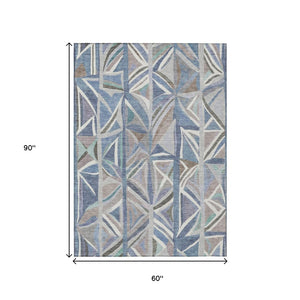 HomeRoots 5' Stylish Denim Blue & Ivory Geometric Washable Area Rug for Indoor/Outdoor High-Traffic Areas 640539
