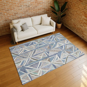 HomeRoots 5' Stylish Denim Blue & Ivory Geometric Washable Area Rug for Indoor/Outdoor High-Traffic Areas 640539