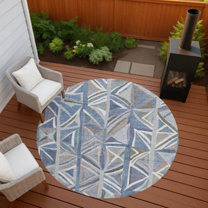HomeRoots 8' Denim Blue Geometric Area Rug - Modern Round Design for Indoor/Outdoor Use, Machine Washable & Durable 640540
