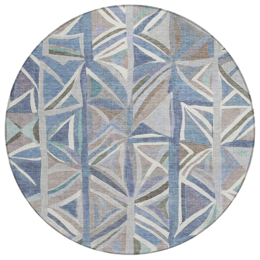 HomeRoots 8' Denim Blue Geometric Area Rug - Modern Round Design for Indoor/Outdoor Use, Machine Washable & Durable 640540