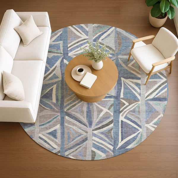 HomeRoots 8' Denim Blue Geometric Area Rug - Modern Round Design for Indoor/Outdoor Use, Machine Washable & Durable 640540