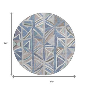 HomeRoots 8' Denim Blue Geometric Area Rug - Modern Round Design for Indoor/Outdoor Use, Machine Washable & Durable 640540