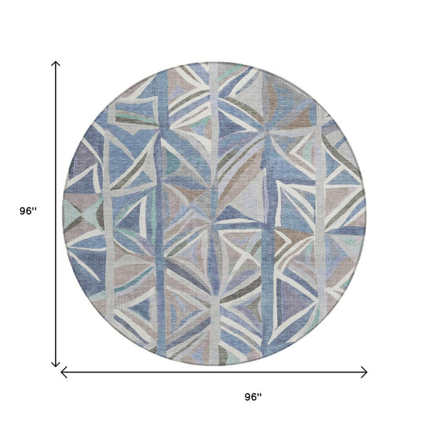 HomeRoots 8' Denim Blue Geometric Area Rug - Modern Round Design for Indoor/Outdoor Use, Machine Washable & Durable 640540