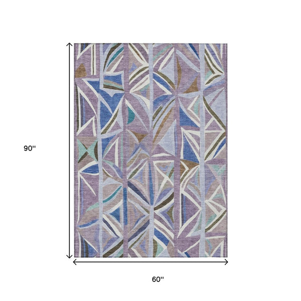 HomeRoots 5' X 8' Stylish Lavender, Ivory & Blue Geometric Area Rug - Washable for Indoor/Outdoor Use! 640545