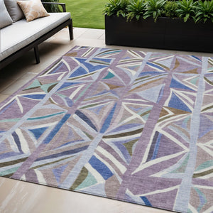 HomeRoots 5' X 8' Stylish Lavender, Ivory & Blue Geometric Area Rug - Washable for Indoor/Outdoor Use! 640545