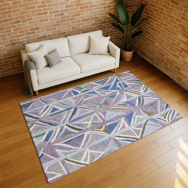 HomeRoots 5' X 8' Stylish Lavender, Ivory & Blue Geometric Area Rug - Washable for Indoor/Outdoor Use! 640545