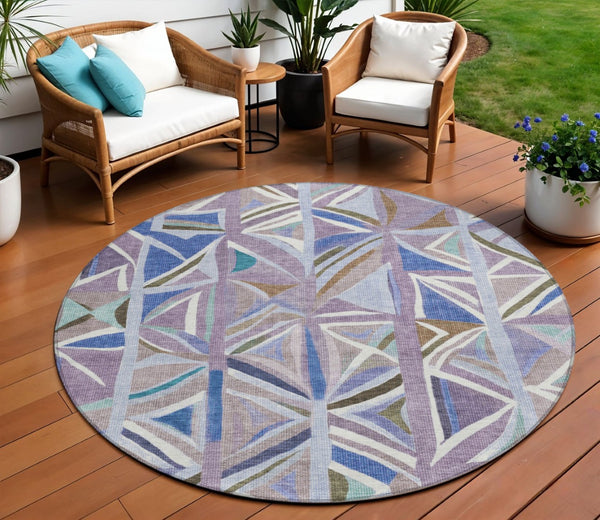 HomeRoots 8' Stylish Lavender, Ivory & Blue Geometric Round Rug – Washable, Durable for Indoor & Outdoor Use 640546