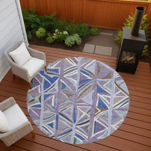 HomeRoots 8' Stylish Lavender, Ivory & Blue Geometric Round Rug – Washable, Durable for Indoor & Outdoor Use 640546