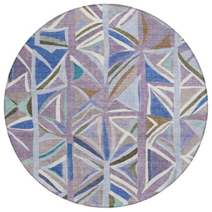 HomeRoots 8' Stylish Lavender, Ivory & Blue Geometric Round Rug – Washable, Durable for Indoor & Outdoor Use 640546