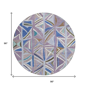 HomeRoots 8' Stylish Lavender, Ivory & Blue Geometric Round Rug – Washable, Durable for Indoor & Outdoor Use 640546