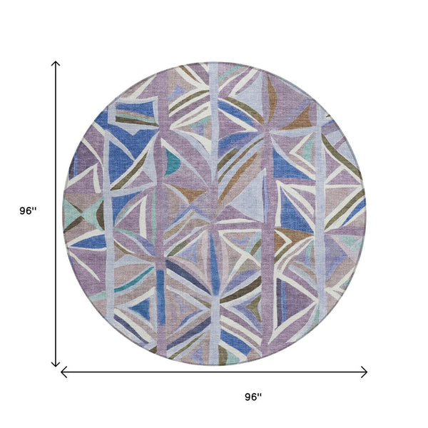 HomeRoots 8' Stylish Lavender, Ivory & Blue Geometric Round Rug – Washable, Durable for Indoor & Outdoor Use 640546