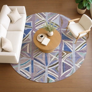 HomeRoots 8' Stylish Lavender, Ivory & Blue Geometric Round Rug – Washable, Durable for Indoor & Outdoor Use 640546