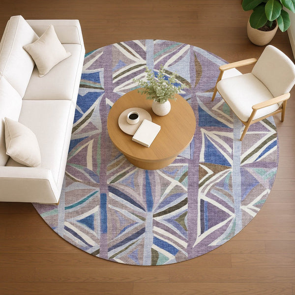 HomeRoots 8' Stylish Lavender, Ivory & Blue Geometric Round Rug – Washable, Durable for Indoor & Outdoor Use 640546