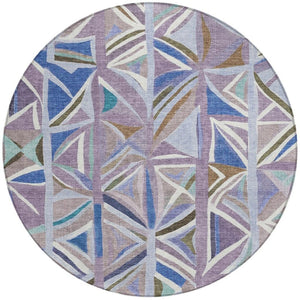 HomeRoots 8' Stylish Lavender, Ivory & Blue Geometric Round Rug – Washable, Durable for Indoor & Outdoor Use 640546
