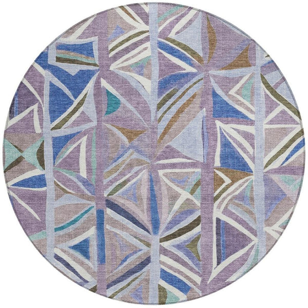 HomeRoots 8' Stylish Lavender, Ivory & Blue Geometric Round Rug – Washable, Durable for Indoor & Outdoor Use 640546