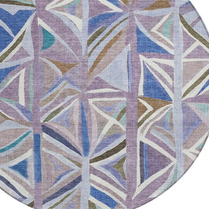 HomeRoots 8' Stylish Lavender, Ivory & Blue Geometric Round Rug – Washable, Durable for Indoor & Outdoor Use 640546