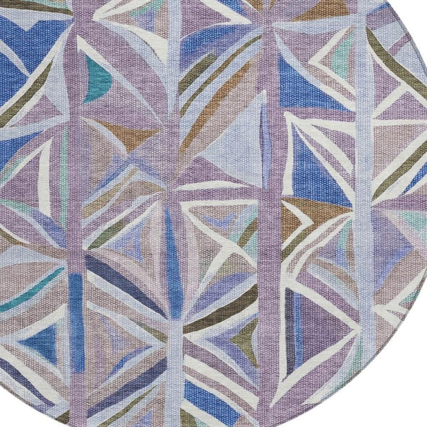 HomeRoots 8' Stylish Lavender, Ivory & Blue Geometric Round Rug – Washable, Durable for Indoor & Outdoor Use 640546