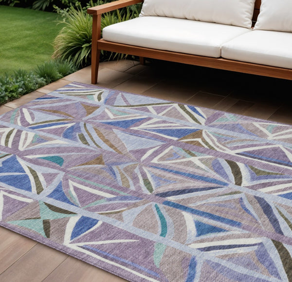 HomeRoots 9' X 12' Modern Lavender Ivory Blue Geometric Area Rug - Durable, Washable for Indoor & Outdoor Use 640548