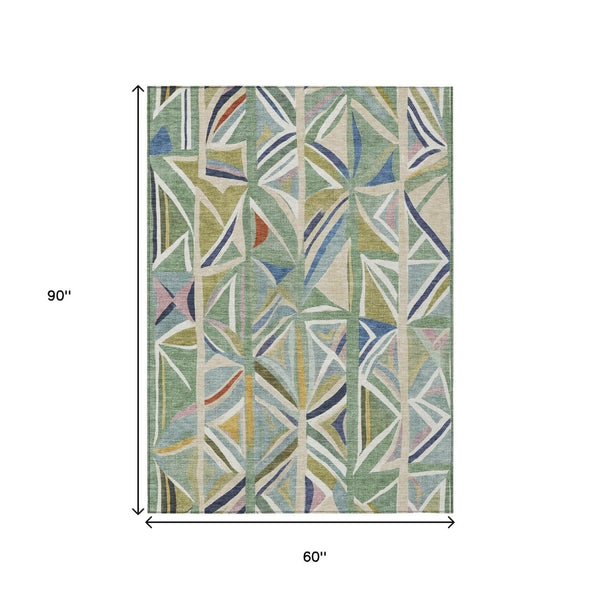 HomeRoots 5' X 8' Sage Blue Geometric Area Rug - Stylish, Washable, Durable for Indoor & Outdoor Spaces! 640551