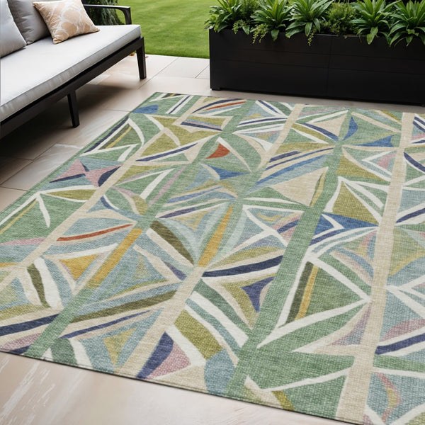 HomeRoots 5' X 8' Sage Blue Geometric Area Rug - Stylish, Washable, Durable for Indoor & Outdoor Spaces! 640551