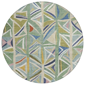 HomeRoots 8' Sage Blue and Ivory Round Geometric Rug – Stylish, Washable Design for Indoor & Outdoor Use 640552