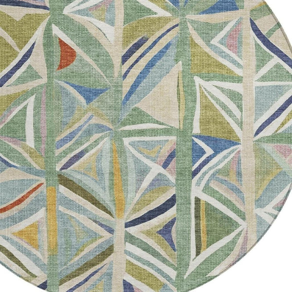 HomeRoots 8' Sage Blue and Ivory Round Geometric Rug – Stylish, Washable Design for Indoor & Outdoor Use 640552
