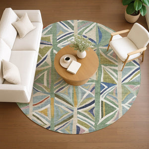 HomeRoots 8' Sage Blue and Ivory Round Geometric Rug – Stylish, Washable Design for Indoor & Outdoor Use 640552