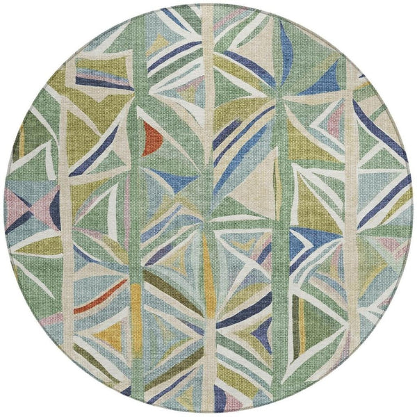 HomeRoots 8' Sage Blue and Ivory Round Geometric Rug – Stylish, Washable Design for Indoor & Outdoor Use 640552