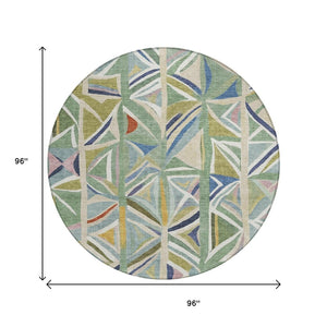 HomeRoots 8' Sage Blue and Ivory Round Geometric Rug – Stylish, Washable Design for Indoor & Outdoor Use 640552