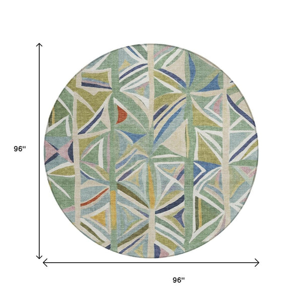 HomeRoots 8' Sage Blue and Ivory Round Geometric Rug – Stylish, Washable Design for Indoor & Outdoor Use 640552