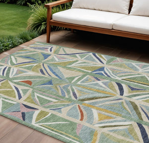 HomeRoots 8' Sage Blue and Ivory Geometric Area Rug – Washable, Durable, Perfect for Indoor/Outdoor Spaces 640553