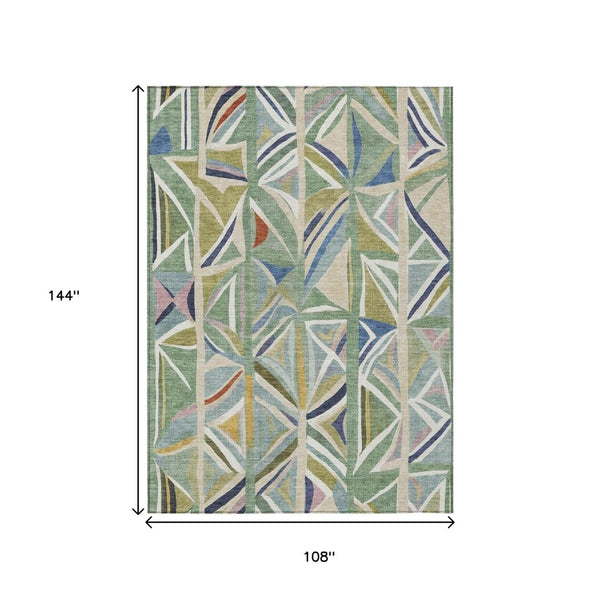HomeRoots 9' X 12' Sage Blue Geometric Area Rug - Washable, Durable Design for Indoor & Outdoor Living Spaces 640554