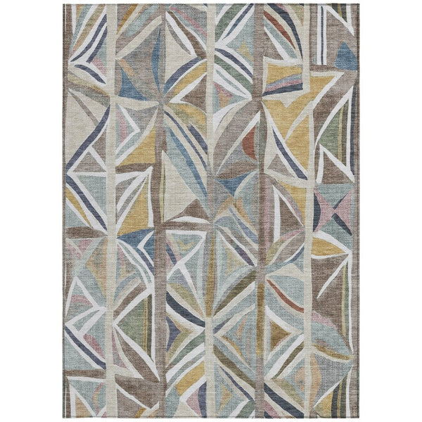 HomeRoots 5' Taupe Ivory Gold Geometric Area Rug - Stylish Washable Indoor Outdoor Mat for High Traffic Spaces 640557