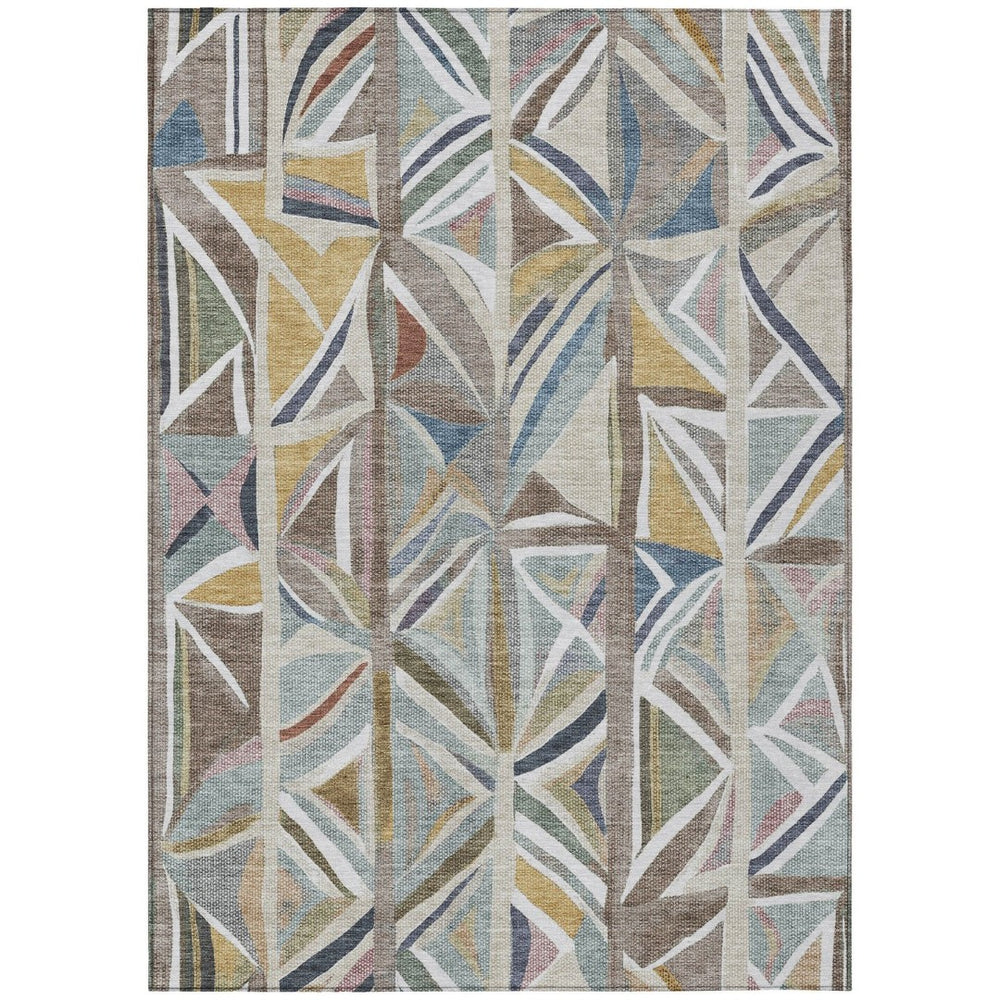 HomeRoots 5' Taupe Ivory Gold Geometric Area Rug - Stylish Washable Indoor Outdoor Mat for High Traffic Spaces 640557