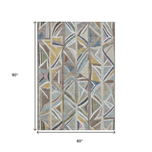 HomeRoots 5' Taupe Ivory Gold Geometric Area Rug - Stylish Washable Indoor Outdoor Mat for High Traffic Spaces 640557
