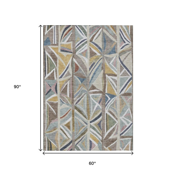 HomeRoots 5' Taupe Ivory Gold Geometric Area Rug - Stylish Washable Indoor Outdoor Mat for High Traffic Spaces 640557