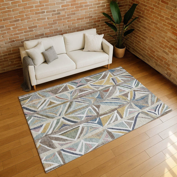 HomeRoots 5' Taupe Ivory Gold Geometric Area Rug - Stylish Washable Indoor Outdoor Mat for High Traffic Spaces 640557