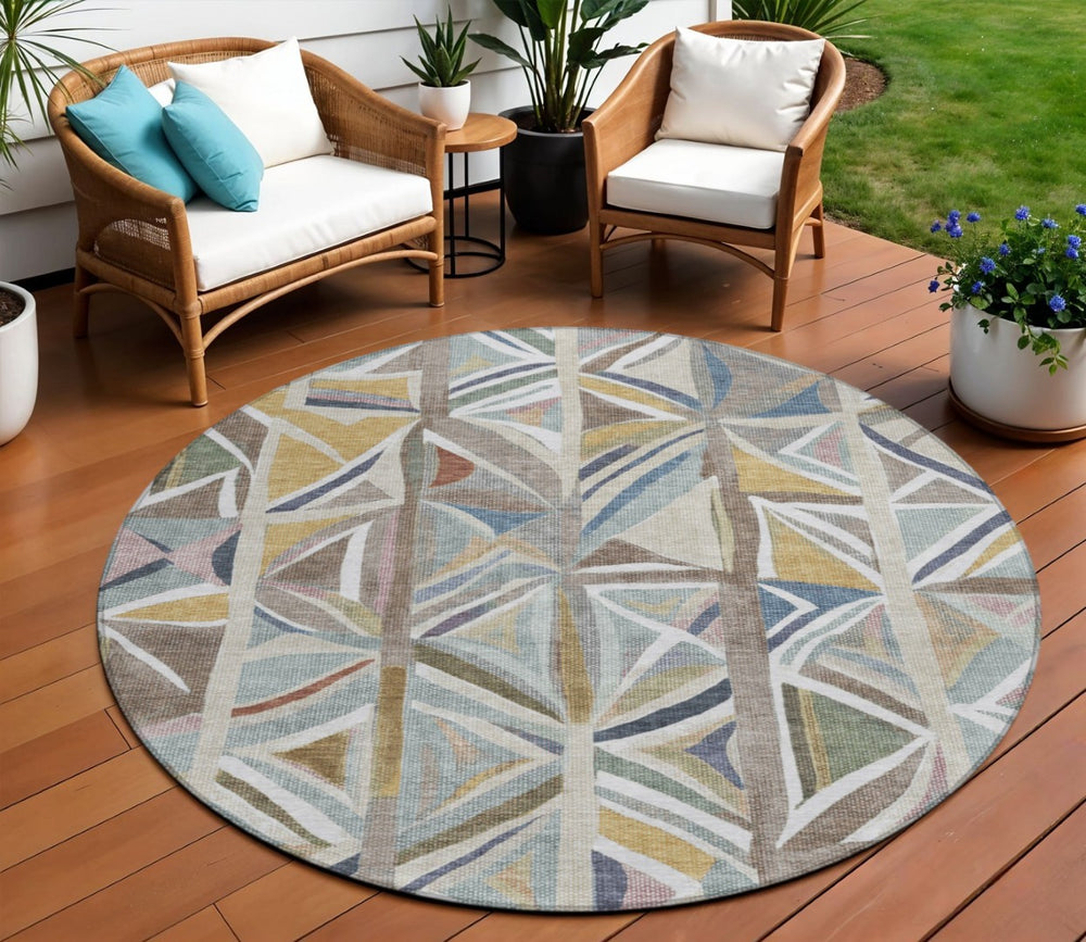HomeRoots 8' Taupe Ivory and Gold Geometric Area Rug – Washable, Durable, Stylish for Indoor and Outdoor Spaces 640558