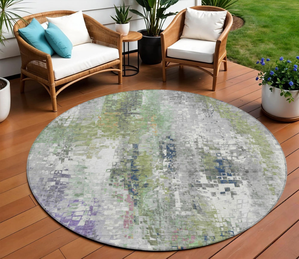 HomeRoots 8' Round Abstract Area Rug in Artichoke Green, Ivory & Purple - Washable for Indoor & Outdoor Use 640564